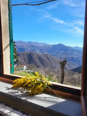 Vista generica sulle montagne o vista sulle montagne dall'interno dell'affittacamere